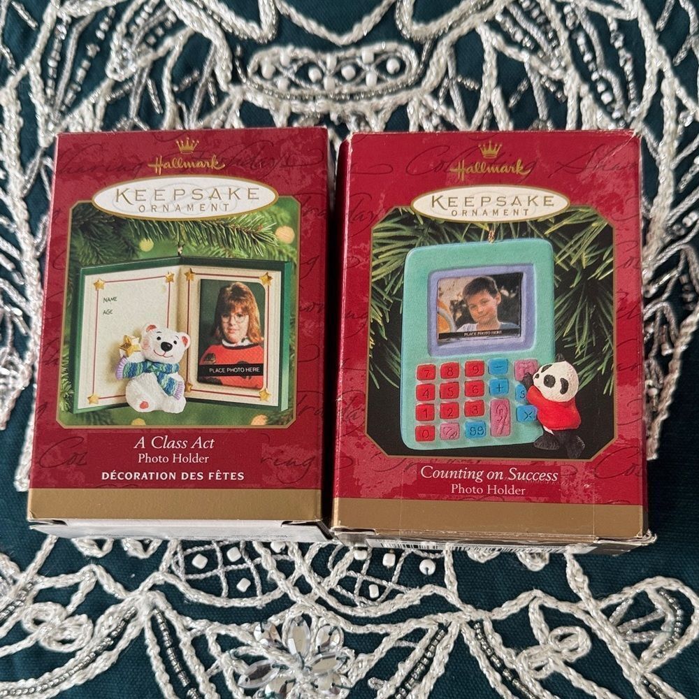 Hallmark Keepsake VINTAGE 2 Photo Holder Ornaments 1999 and 2000 with Box EUC